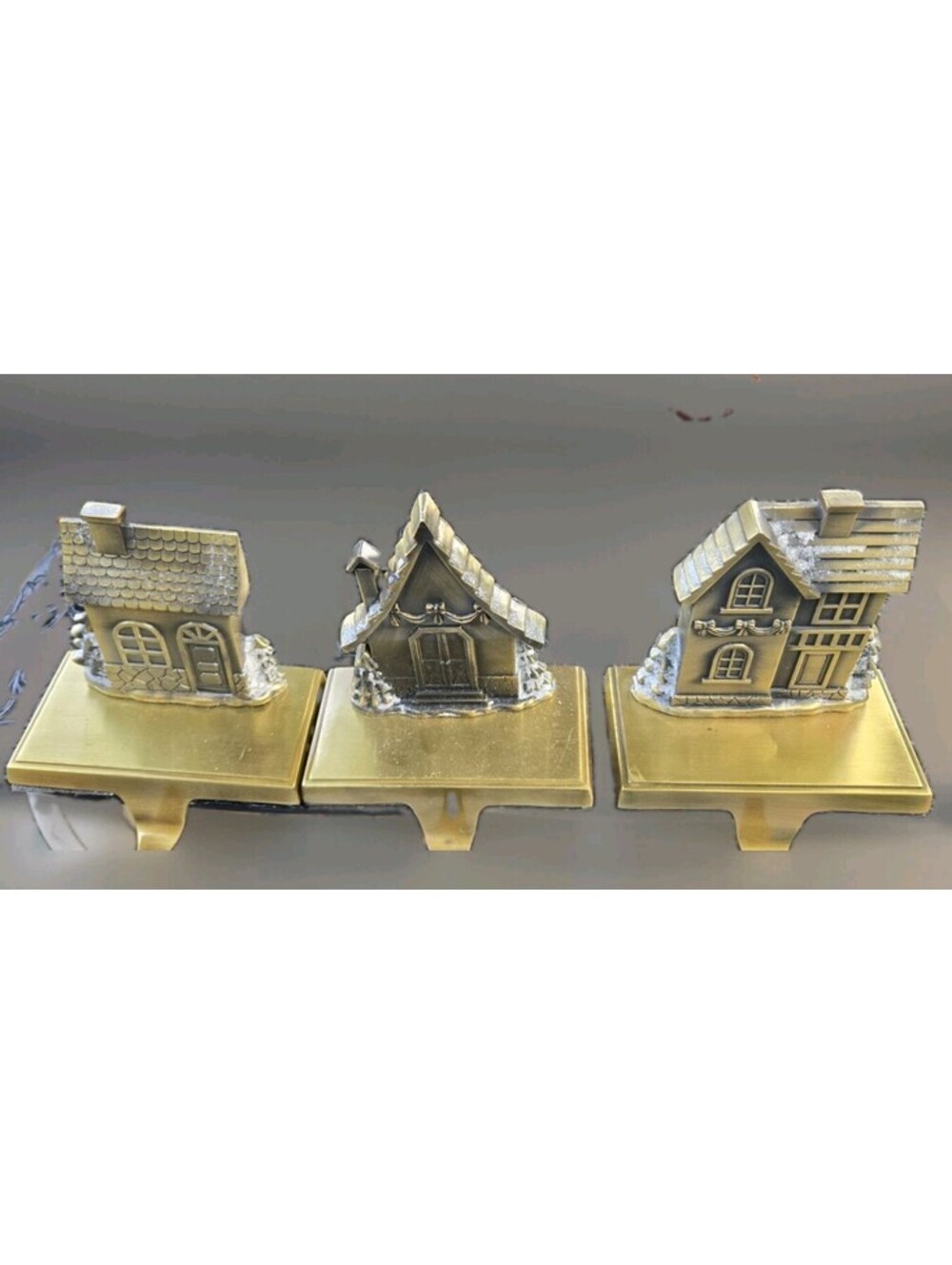 Christmas Mantle Brass Stocking Holders Gold Tone Set Of 3